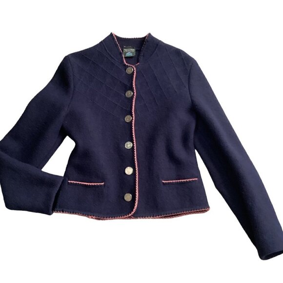 VTG Bayern-Walk Pure Wool Lady Jacket/Cardigan Navy Blue & Pink M #260C - Picture 2 of 12